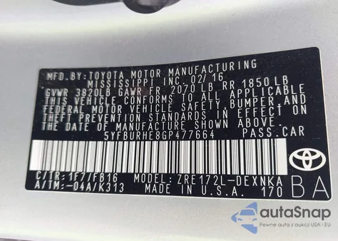 2016 Toyota Corolla L/Le/Le Plus/Le Premium/S/S Plus/S Premium/S W/Special Edition Pkg from USA, damaged, VIN 5YFBURHE8GP477664